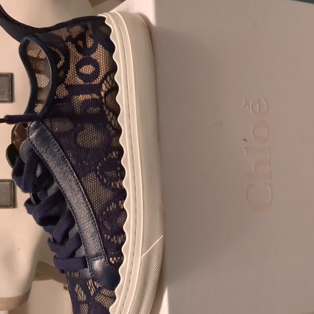 Chloe Navy Blue Lace Sneakers, Size 9, Like New, worn once. box and shoe bags in